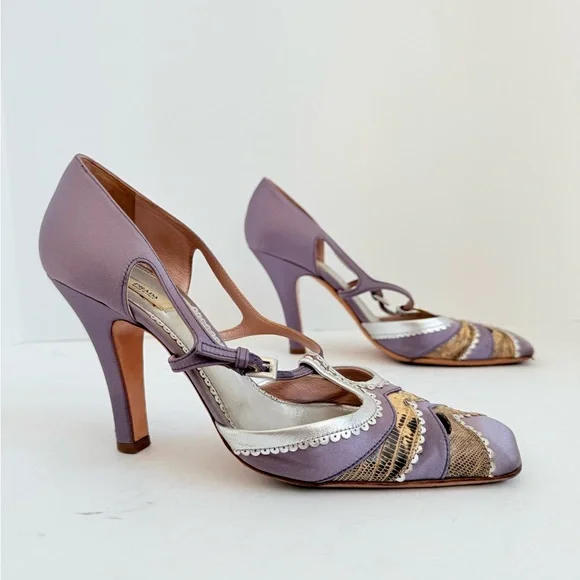 Prada Vintage Lilac Satin Snakeskin Trim Cutout Mary Jane T-Strap Heels EU38 - Picture 1 of 11